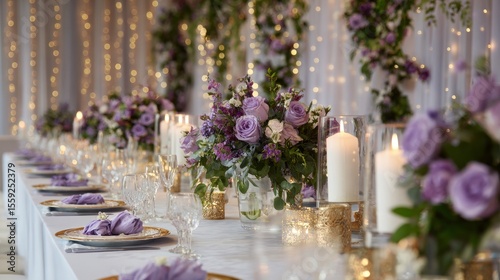 Elegant Floral Arrangements Decorate Tables at Indoor Wedding Reception With ...