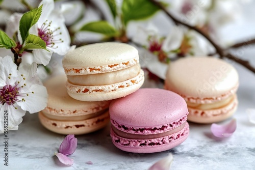 Delicate Pink Macarons With Flowers Arranged on a Marble Table Setup