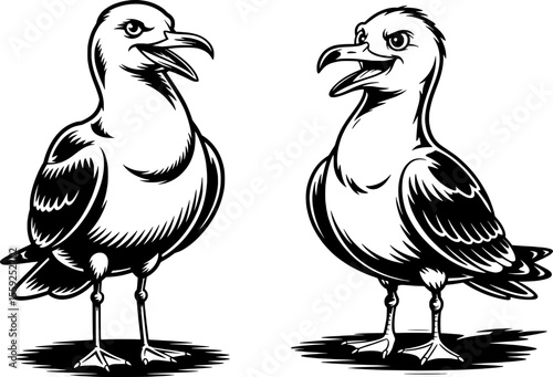Bold black silhouette of a cartoon seagull with puffed chest and open beak in linocut vector style, ideal for summer, beach, coastal, and mascot-style illustrations

