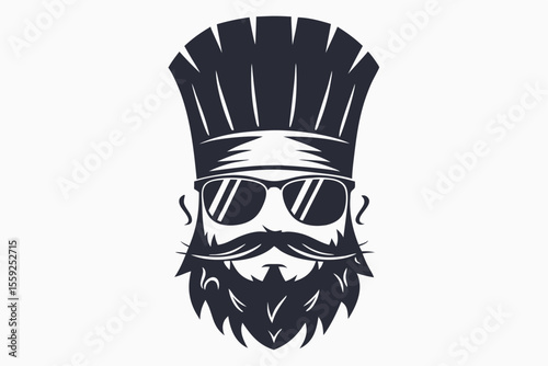 Bearded chef wears sunglasses and a toque with a prominent mustache feature