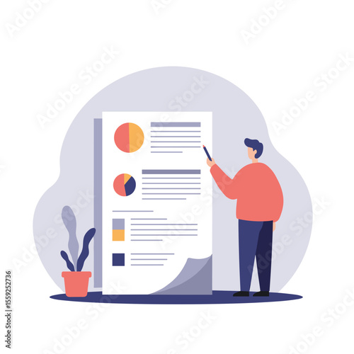Man presenting data report on wall with potted plant nearby  