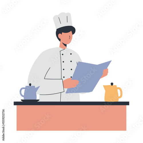Chef reading menu while standing at kitchen counter  