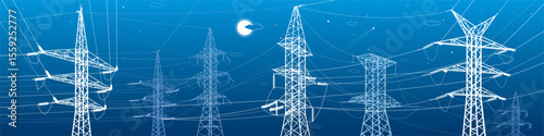 High voltage transmission systems. Electric pole. Power lines. Energy pylons. White outlines image on blue background. A network of interconnected electrical. Vector design illustration