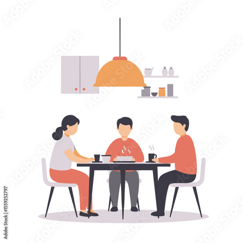 Family gathering around table sharing meal in modern kitchen  