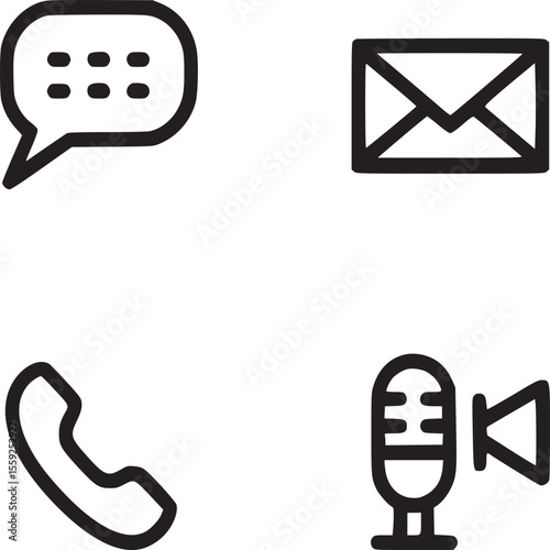 Illustration of message bubble, email, phone, and microphone icons on a light gray background