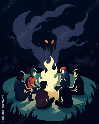 The darkness swirls around a group of friends sitting around a campfire as a mysterious voice whispers tales of horror and death.. Vector illustration