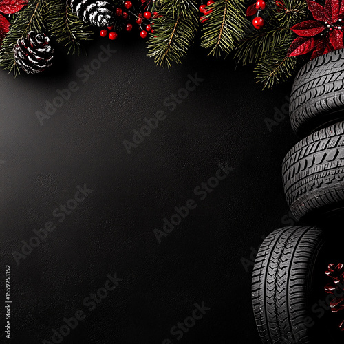 Christmas tires design with holiday decor and winter background