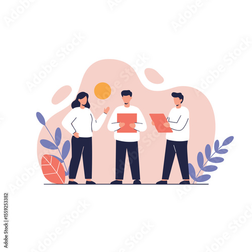 Team of three people discussing and collaborating in modern office  