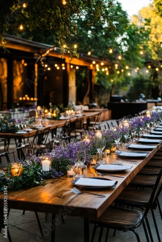 Elegant Outdoor Dinner Setup With Candles and Lavender Decorations at Dusk