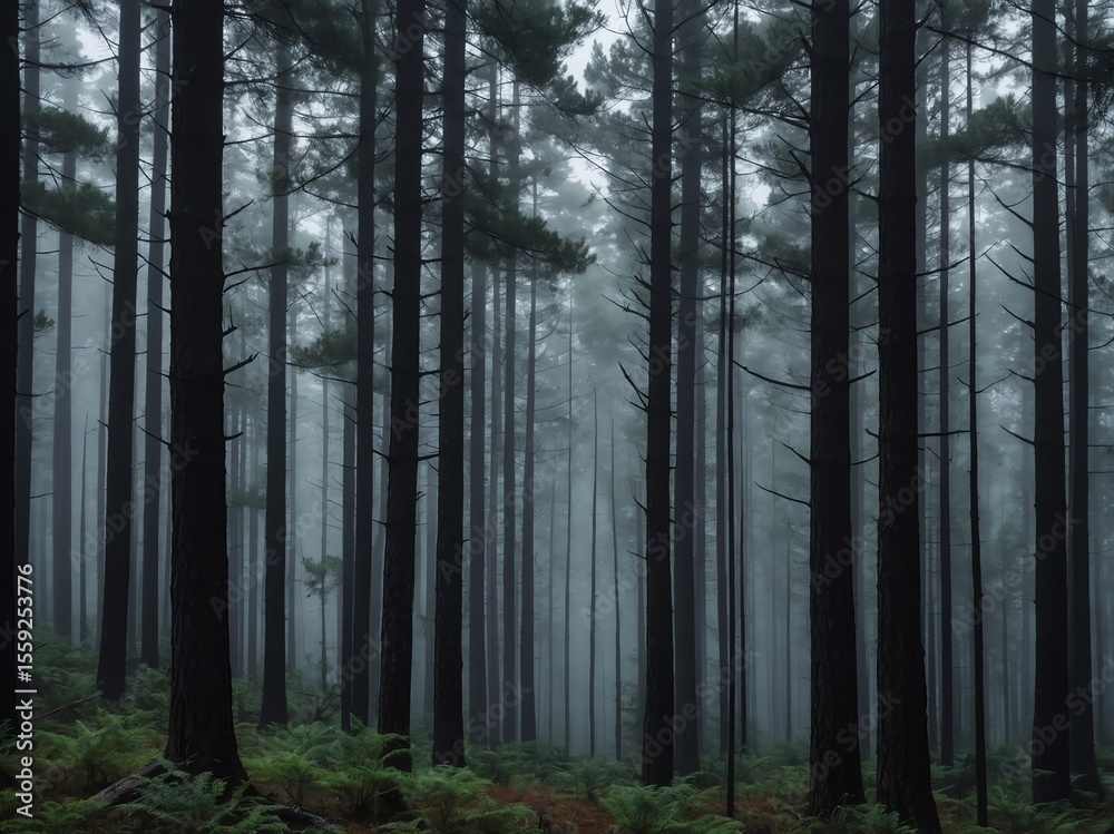 Fototapeta premium Dense pine forest enveloped in morning fog 
