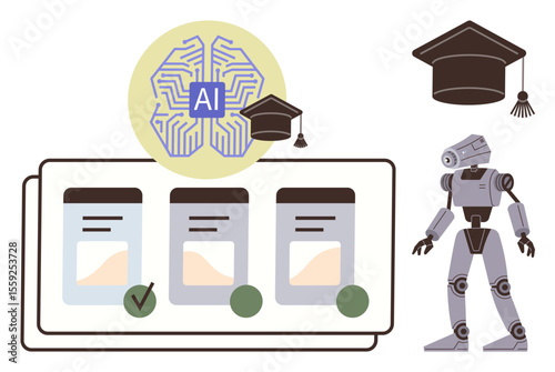 Robot analyzing options with AI circuit graphic and graduation cap. Ideal for education, AI training, decision-making, automation, future technology, innovation, learning. Simple flat metaphor