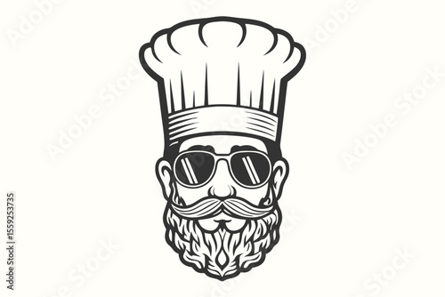 Bearded chef wearing sunglasses and a toque is showcased in striking monochrome artwork