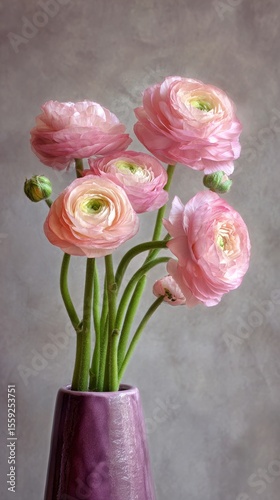 Pink Ranunculus Flowers Arranged Elegantly in a Purple Vase on a Neutral Back...