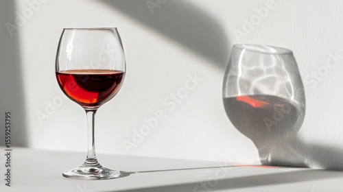 Bright Sunlight Casts Shadows of a Wine Glass and Its Reflection on the Wall ...