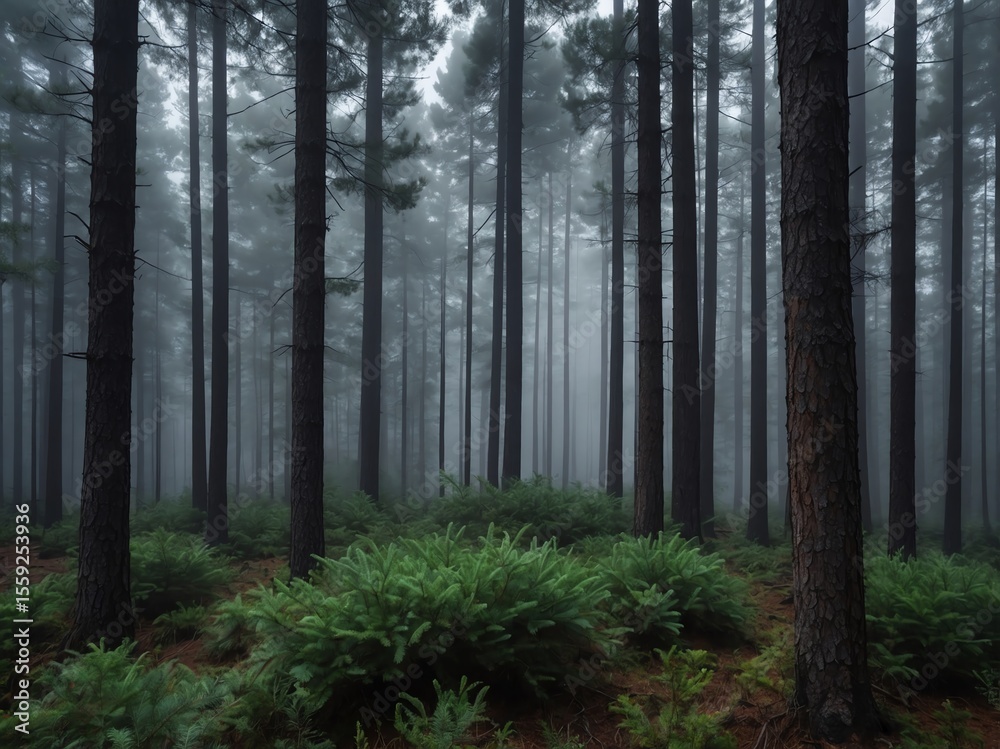 Obraz premium Dense pine forest enveloped in morning fog 