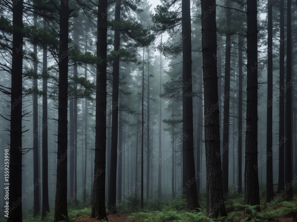 Naklejka premium Dense pine forest enveloped in morning fog 