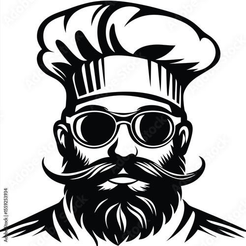Black and white chef portrait featuring beard, chef's hat, and glasses gives an intense look
