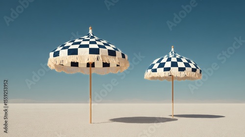 Bright Blue Beach Umbrellas on a White Sandy Shore Under a Clear Sky