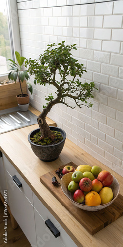Bonsai tree and fruit bowl on kitchen counter for home decor and healthy eating lifestyle concept idea