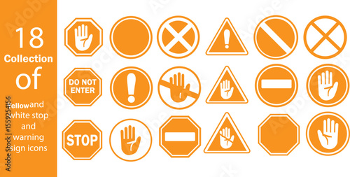 Collection of yellow and white stop and warning sign icons