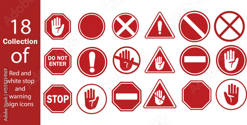 Red STOP icon set. Containing warning, prohibition, stop, hand, danger, no entry, alert, road, barrier sign. Flat vector illustration.