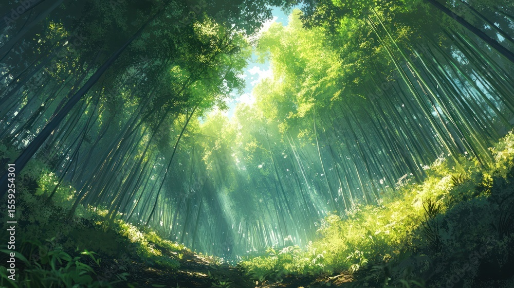 Obraz premium Lush bamboo forest bathed in sunlight