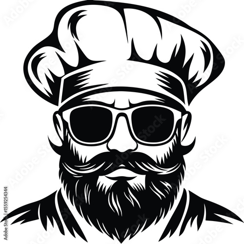 Bearded chef dons sunglasses and traditional hat with confident style in monochrome art
