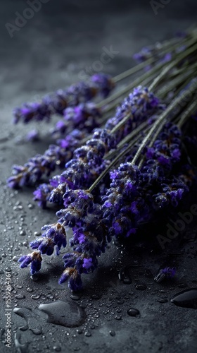 Lavender Bouquet With Droplets on Dark Surface Showcasing Natural Beauty