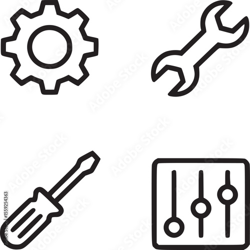 Illustration of a gear, wrench, screwdriver, and settings panel on a white background space