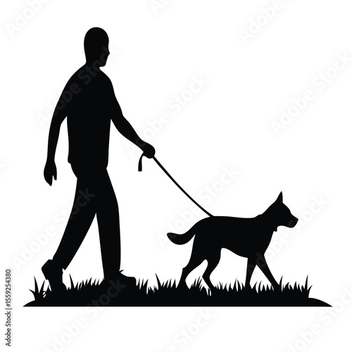 a black silhouette of a man and his dog in a field. The man is walking on the grass and is holding a leash attached to the dog's collar