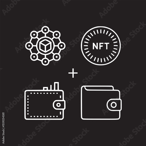 Illustration of blockchain network, nft coin, and digital wallets on a black background