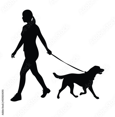 A black vector silhouette shows a woman walking her dog pet on a leash in the park