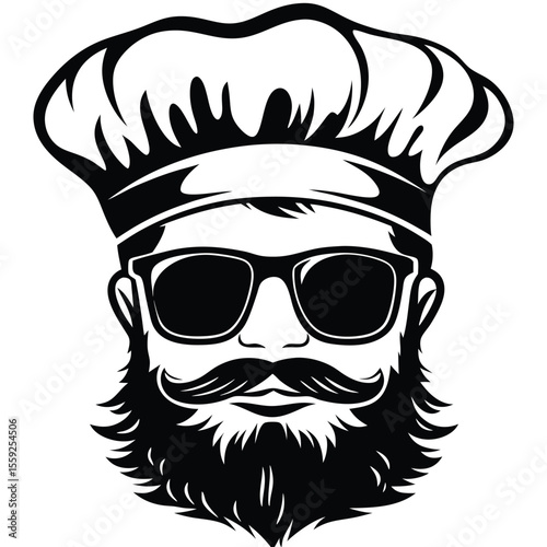 Bearded chef wears glasses and a toque in a black and white drawing