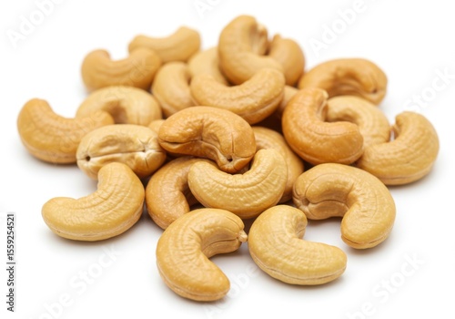 A group of roasted cashew nuts isolated on white background, a healthy snack