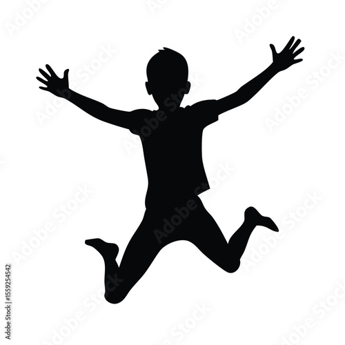 boy jumping with joy silhouette black on white background