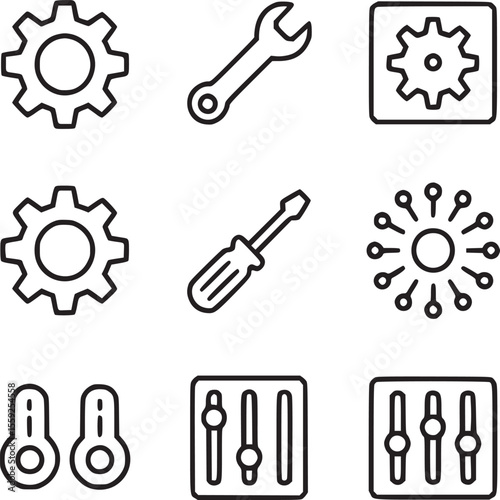 Collection of line art icons featuring gears, wrench, screwdriver, and settings controls arranged neatly