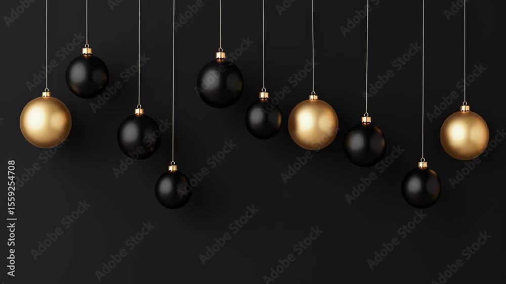Swinging black and gold christmas ornaments on a dark background. Luxury holiday and elegant celebration concept. Footage for a new year's eve party invitation, premium brand promotion or greeting