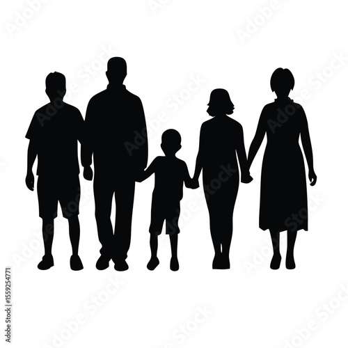 Family silhouettes grandparents father mother and three children from back on white background