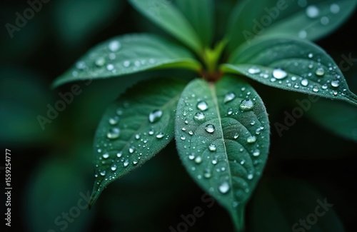 Macro shot of dark green leaves with water droplets. Leaf texture covered in rain or dew, creating fresh wet glossy surface. Nature photo for background, wallpaper.