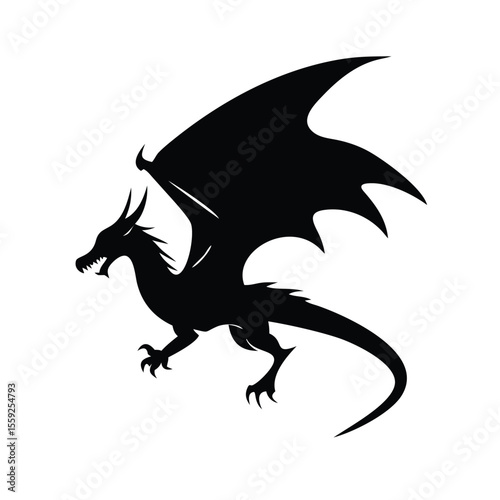 This Halloween vector illustration features a black flying witch silhouette with a bat, a fantasy dragon, and a winged horse