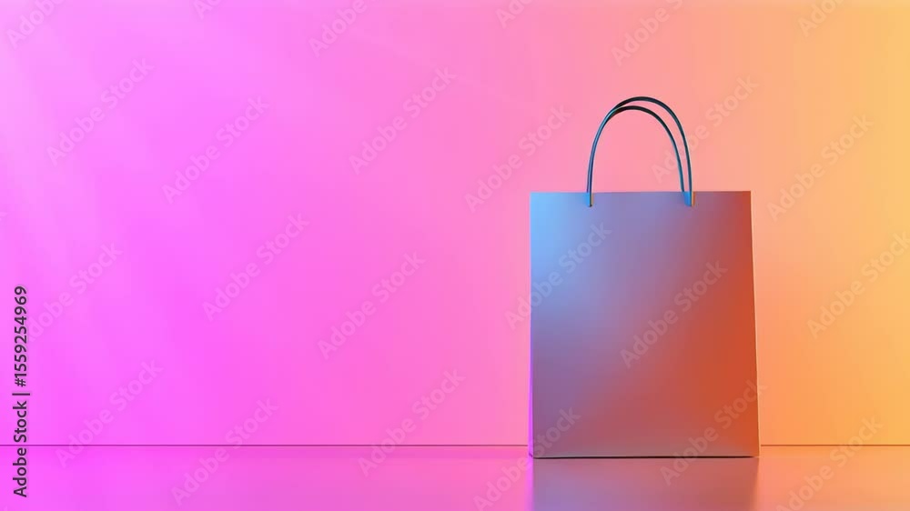 A rotating holographic shopping bag on a vibrant pink and orange gradient background. Sale and futuristic retail concept. footage for an online store promotion, fashion brand ad or a modern event