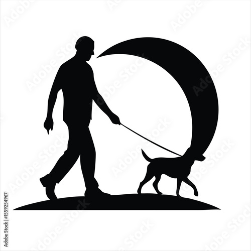 Man walks his dog on a leash in a silhouette against a plain background at sunset