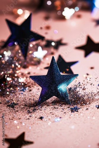 Decorative Stars and Glitter Scattered on a Pink Surface for Festive Celebrat...