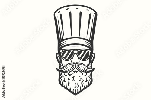 Bearded chef wearing sunglasses and tall toque stands out in this bold monochrome art