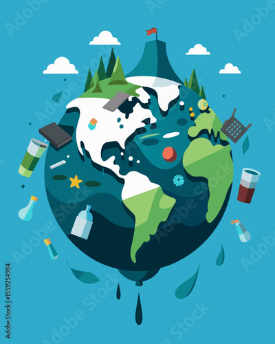 A monumental representation of the consequences of mass consumerism a floating garbage patch that continues to grow and endanger the planet.. Vector illustration