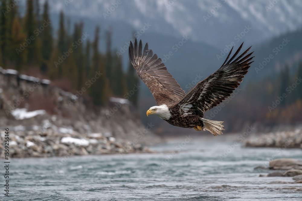 A bald eagle glides gracefully over a river, framed by snow-covered mountains and evergreen trees as dusk approaches, creating a peaceful atmosphere A bald eagle glides gracefully over a river, framed by snow-covered mountains and evergreen trees as dusk approaches, creating a peaceful atmosphere
