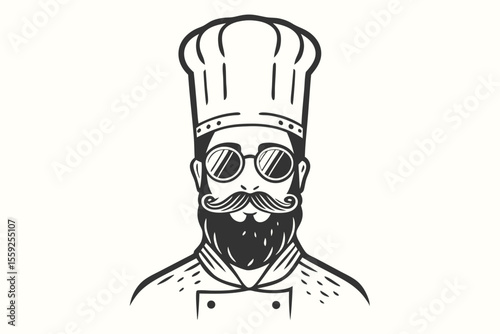 Bearded chef wears sunglasses and a tall hat, displaying culinary flair with sophistication