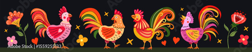 Colorful Polish folk roosters and flowers bright vector illustration in traditional style perfect for prints cards fabric packaging and home decor