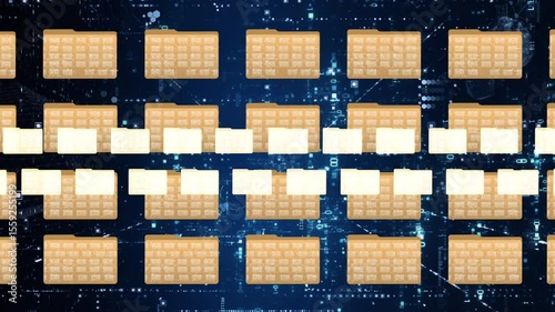 Rows of folders of data on blue digital background. Cloud storage animation