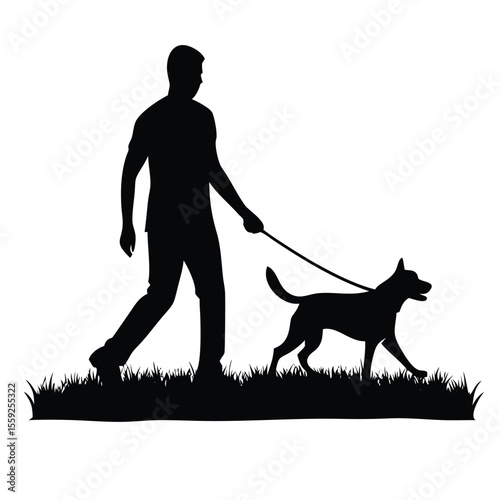 a black silhouette of a man and his dog in a field. The man is walking on the grass and is holding a leash attached to the dog's collar